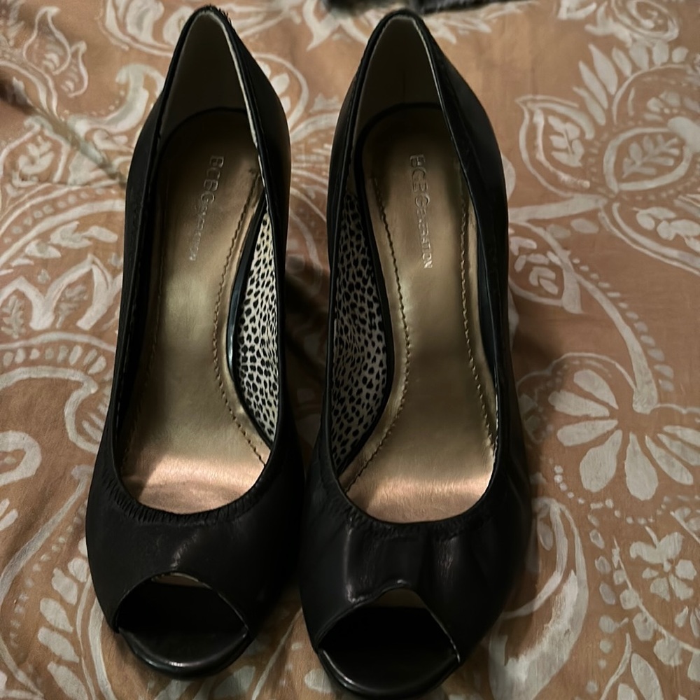 BCBG wedge open toe heels